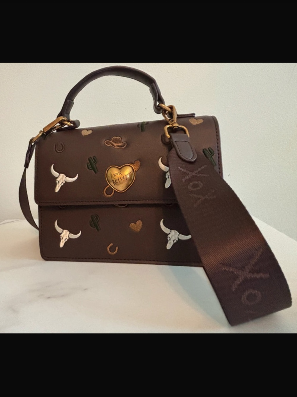 Betsey Johnson Brown Embellished Top-Handle Satchel with Detachable Strap
